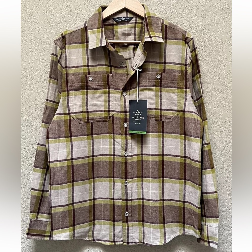 Alpine Design Olive & Brown Plaid Colored Buttoned-Up Mens Shirt Size Medium